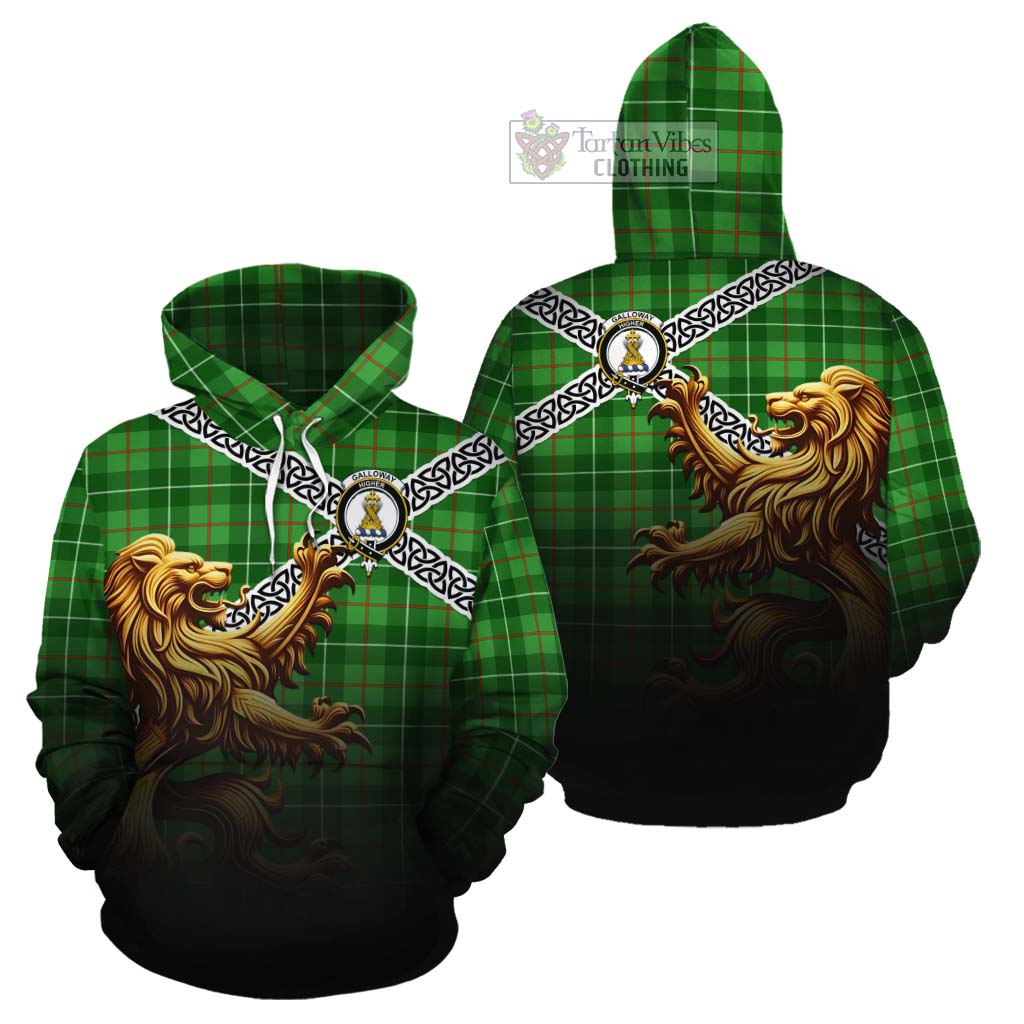 Tartan Vibes Clothing Galloway Crest Tartan Cotton Hoodie with Golden Lion Emblem Celtic Style