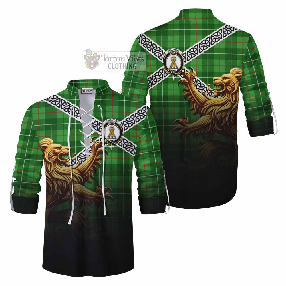 Tartan Vibes Clothing Galloway Crest Tartan Ghillie Kilt Shirt with Golden Lion Emblem Celtic Style