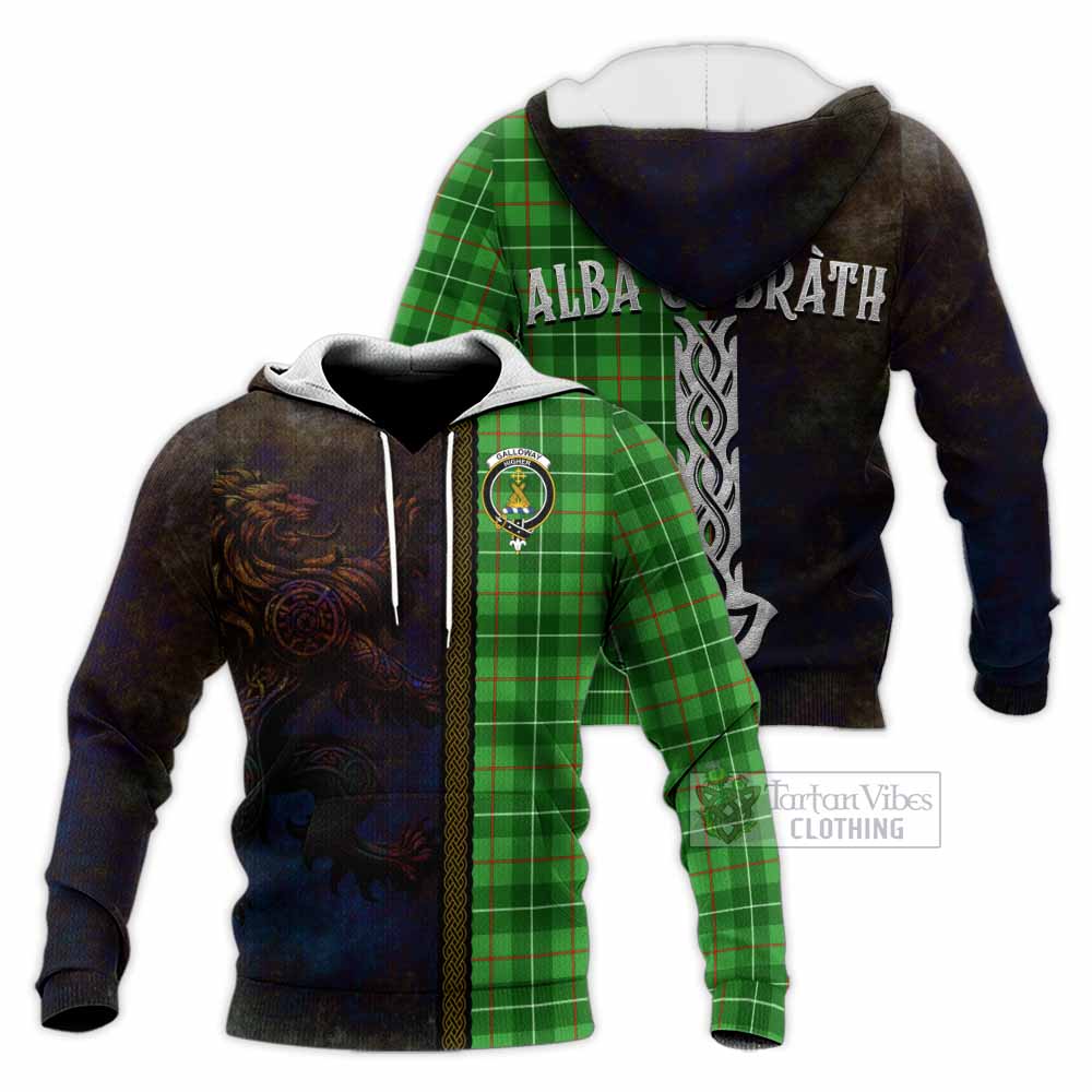Tartan Vibes Clothing Galloway Tartan Family Crest Knitted Hoodie Alba Gu Brath Be Brave Lion Ancient Style