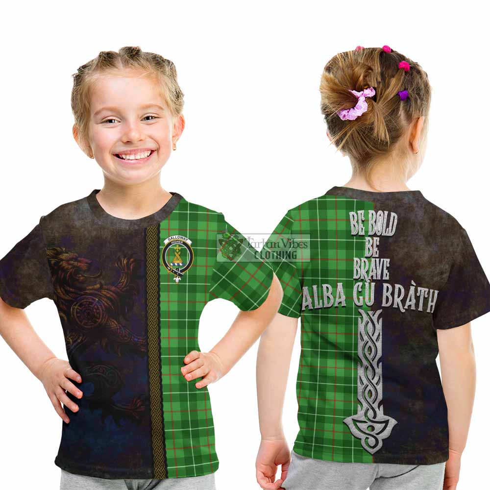 Tartan Vibes Clothing Galloway Tartan Family Crest Kid T-Shirt Alba Gu Brath Be Brave Lion Ancient Style