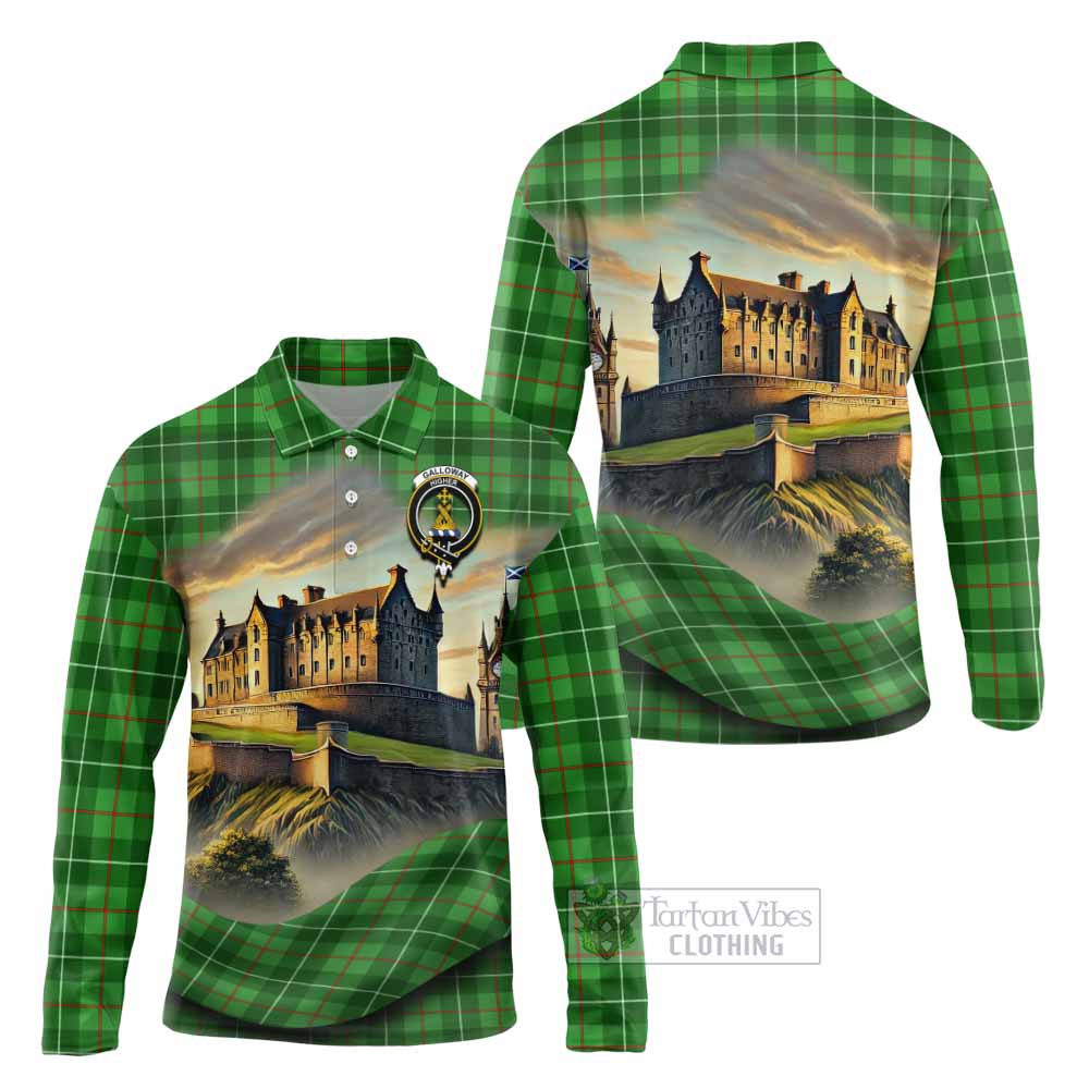 Tartan Vibes Clothing Galloway Tartan Family Crest Long Sleeve Polo Shirt with Scottish Ancient Castle Style