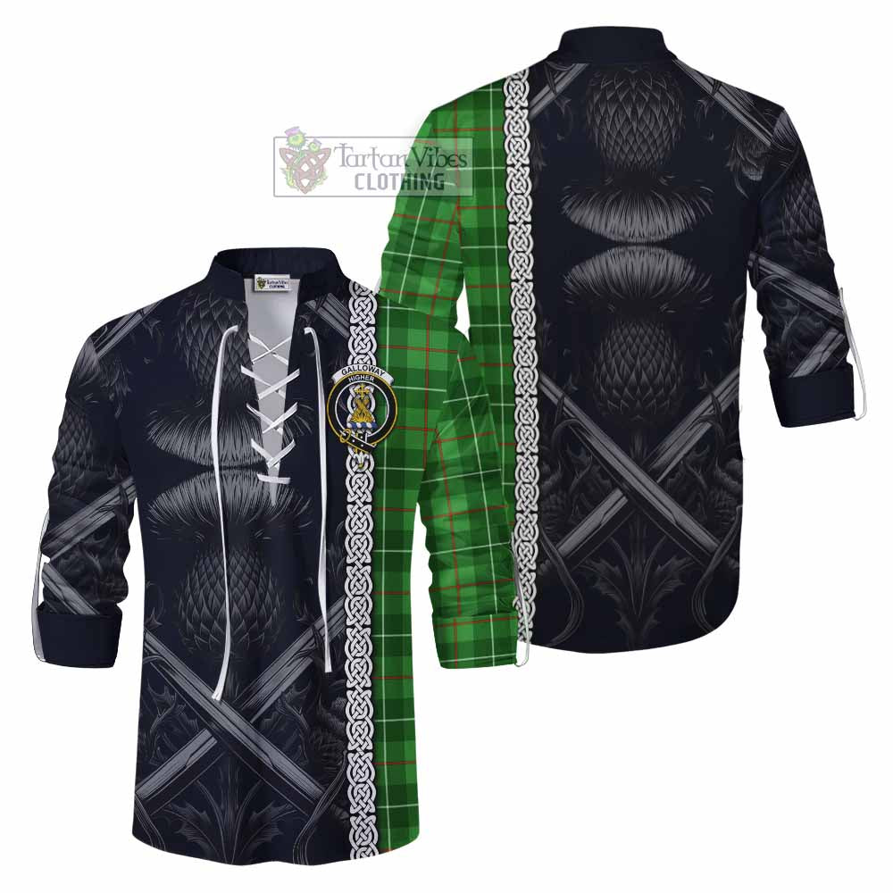 Tartan Vibes Clothing Galloway Tartan Ghillie Kilt Shirt with Family Crest Cross Sword Thistle Celtic Vibes