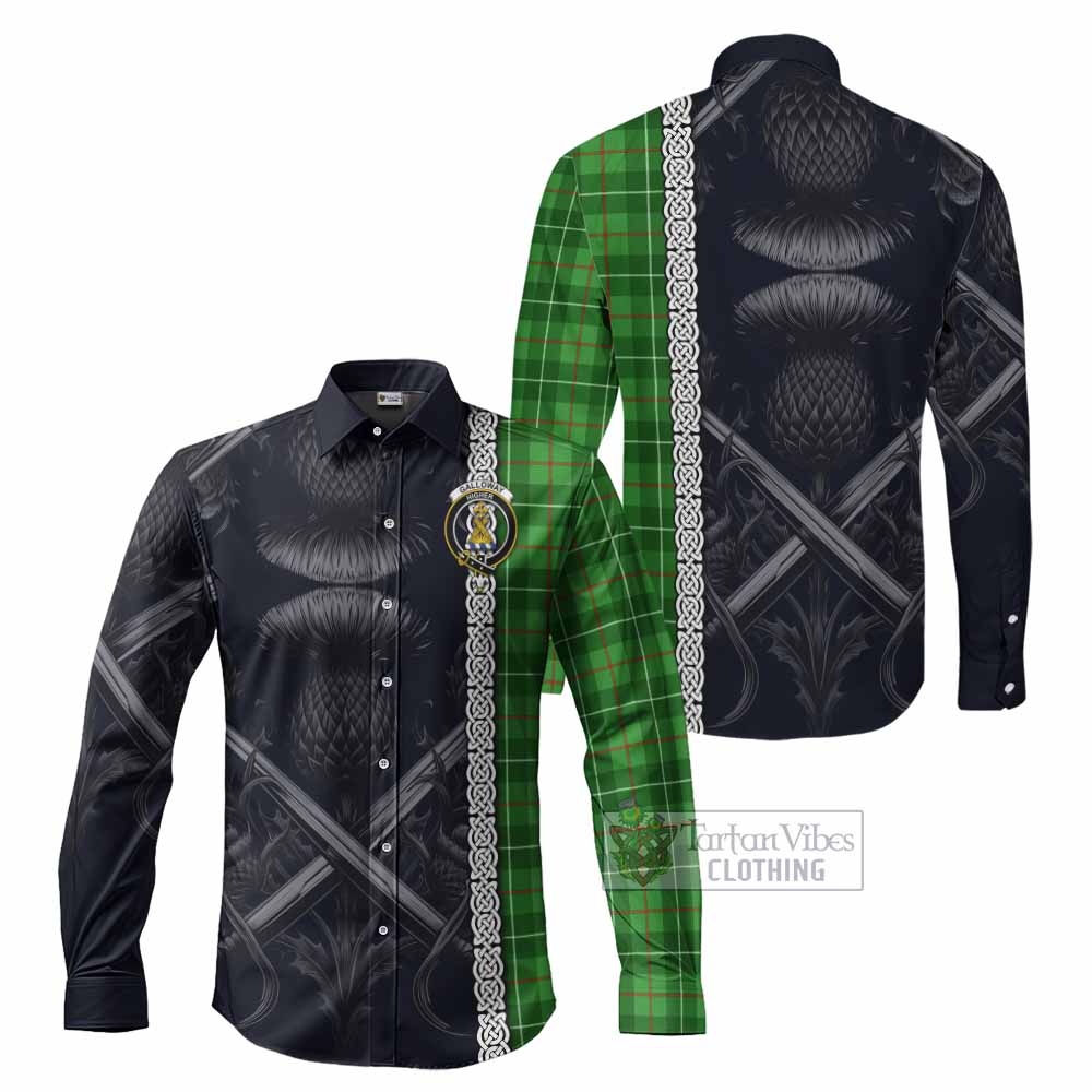 Tartan Vibes Clothing Galloway Tartan Long Sleeve Button Shirt with Family Crest Cross Sword Thistle Celtic Vibes