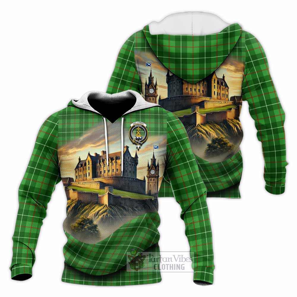 Tartan Vibes Clothing Galloway Tartan Family Crest Knitted Hoodie with Scottish Ancient Castle Style