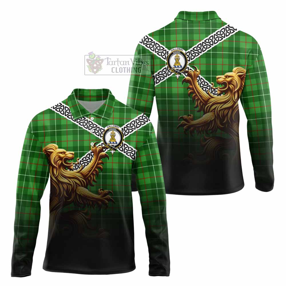 Tartan Vibes Clothing Galloway Crest Tartan Long Sleeve Polo Shirt with Golden Lion Emblem Celtic Style