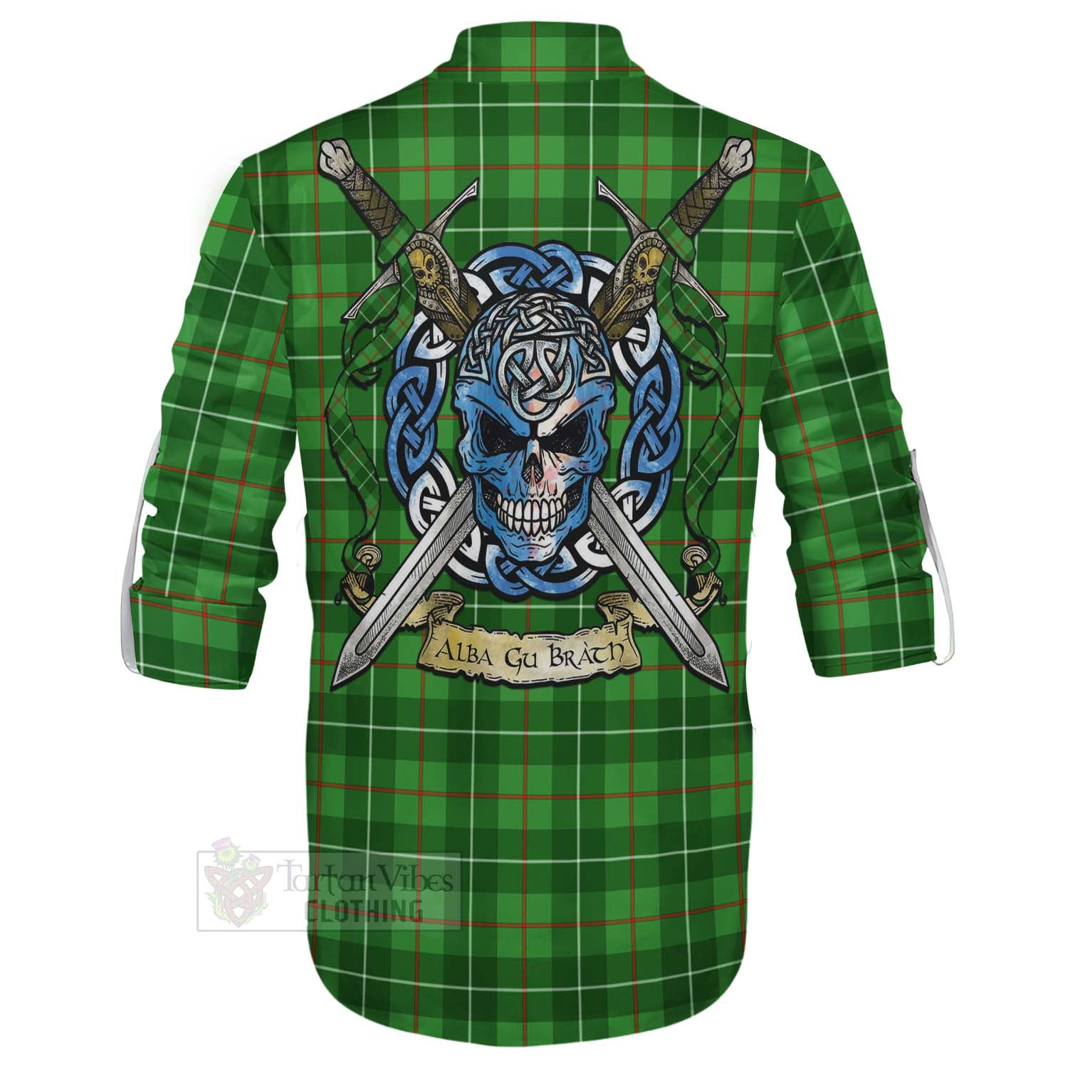 Tartan Vibes Clothing Galloway Tartan Ghillie Kilt Shirt with Family Crest Celtic Skull Style