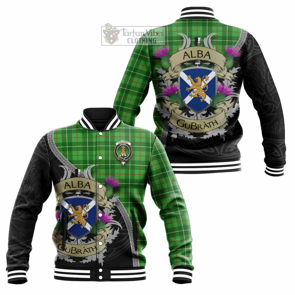 Tartan Vibes Clothing Galloway Tartan Family Crest Baseball Jacket Lion Rampant Royal Thistle Shield Celtic Inspired