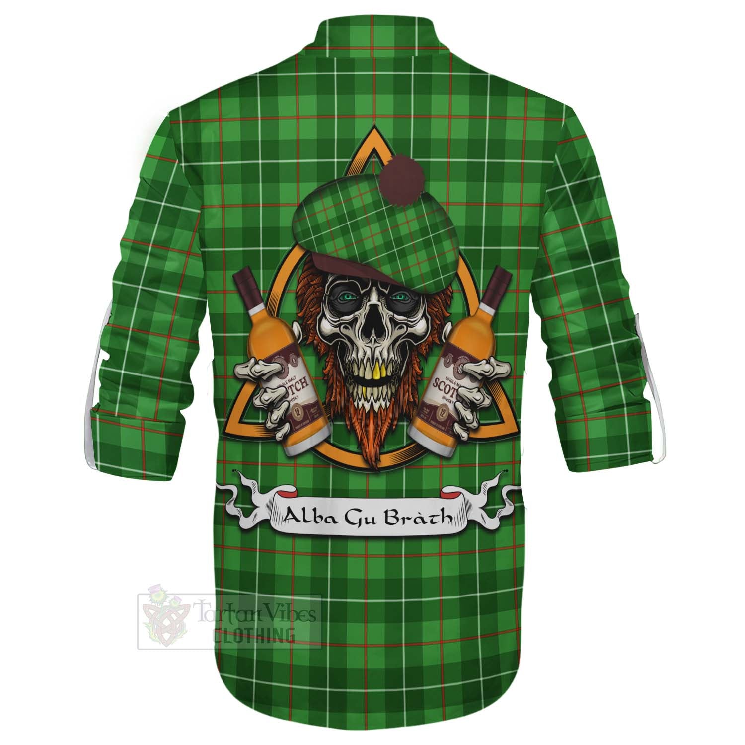 Tartan Vibes Clothing Galloway Tartan Ghillie Kilt Shirt with Family Crest and Bearded Skull Holding Bottles of Whiskey