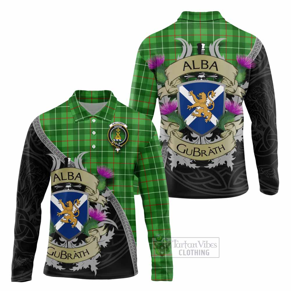 Tartan Vibes Clothing Galloway Tartan Family Crest Long Sleeve Polo Shirt Lion Rampant Royal Thistle Shield Celtic Inspired