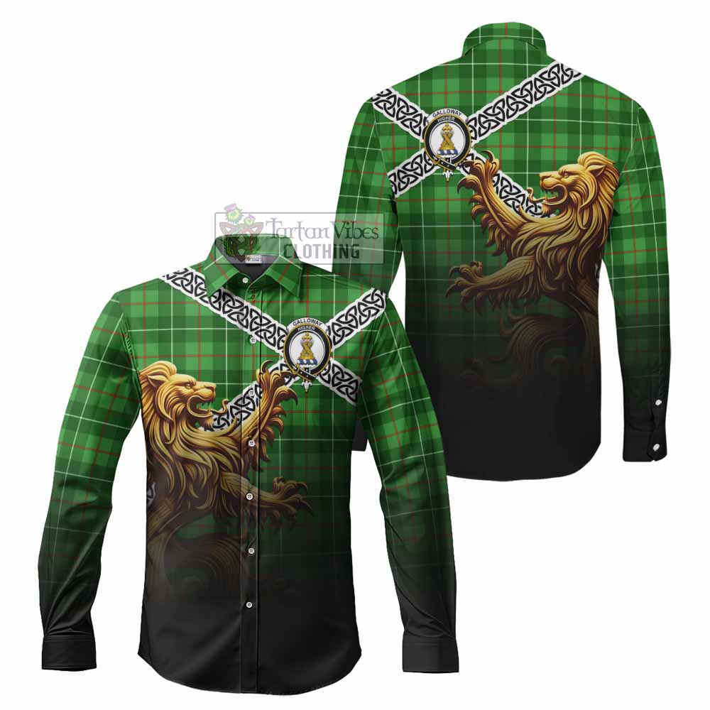 Tartan Vibes Clothing Galloway Crest Tartan Long Sleeve Button Shirt with Golden Lion Emblem Celtic Style