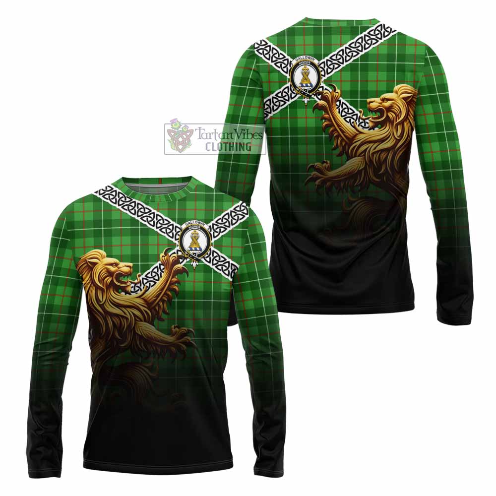 Tartan Vibes Clothing Galloway Crest Tartan Long Sleeve T-Shirt with Golden Lion Emblem Celtic Style