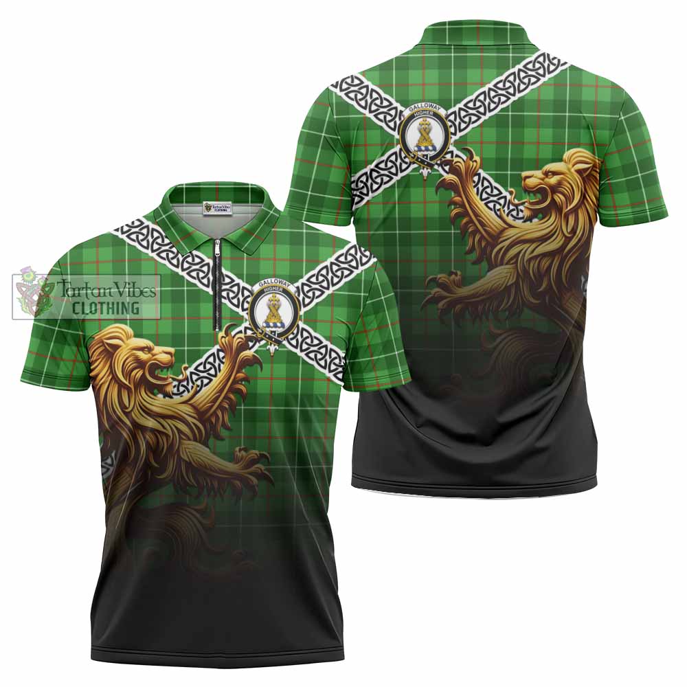 Tartan Vibes Clothing Galloway Crest Tartan Zipper Polo Shirt with Golden Lion Emblem Celtic Style