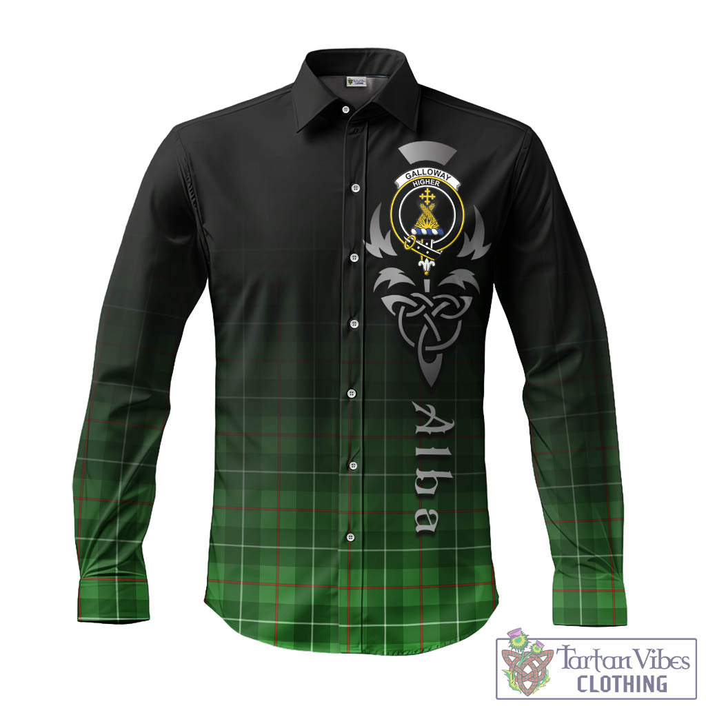 Tartan Vibes Clothing Galloway Tartan Long Sleeve Button Up Featuring Alba Gu Brath Family Crest Celtic Inspired