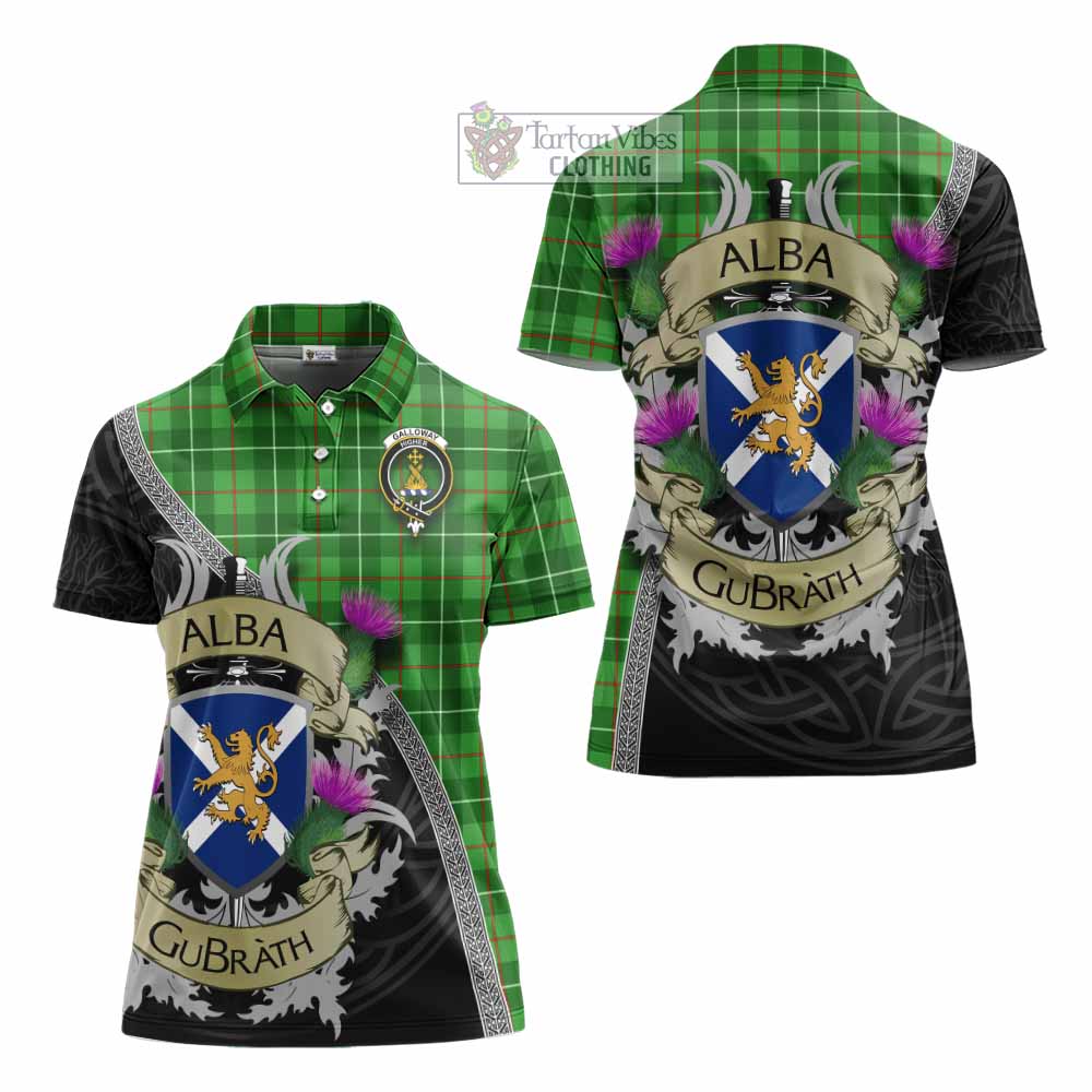 Tartan Vibes Clothing Galloway Tartan Family Crest Women's Polo Shirt Lion Rampant Royal Thistle Shield Celtic Inspired