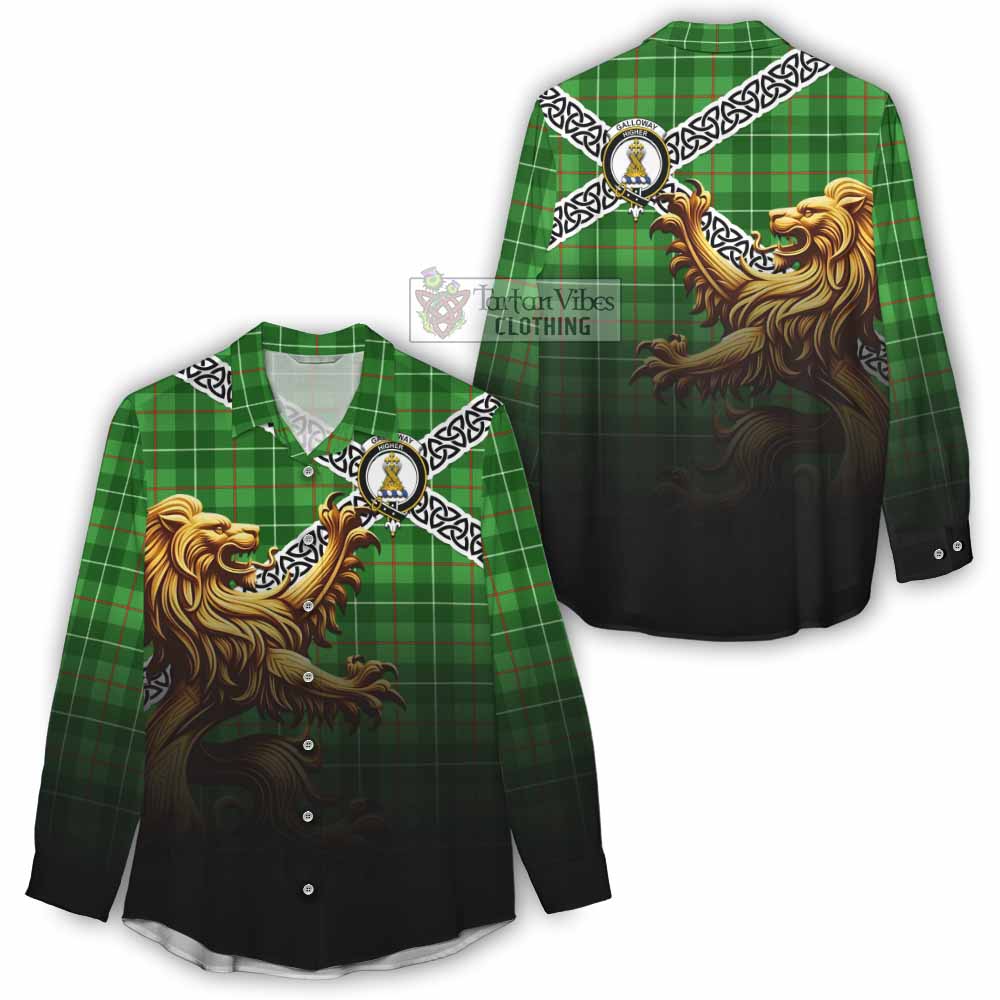 Tartan Vibes Clothing Galloway Crest Tartan Women's Casual Shirt with Golden Lion Emblem Celtic Style