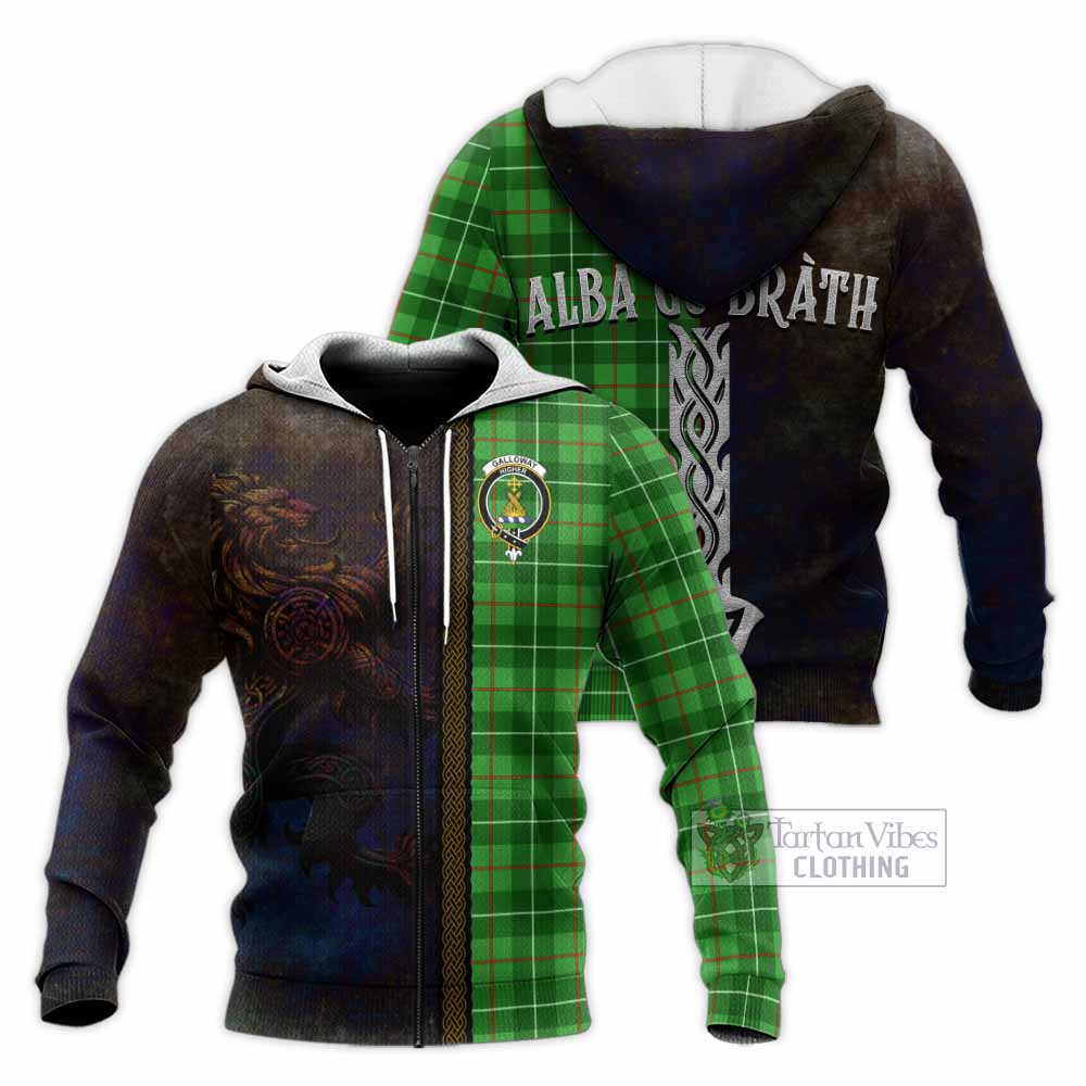 Tartan Vibes Clothing Galloway Tartan Family Crest Knitted Hoodie Alba Gu Brath Be Brave Lion Ancient Style