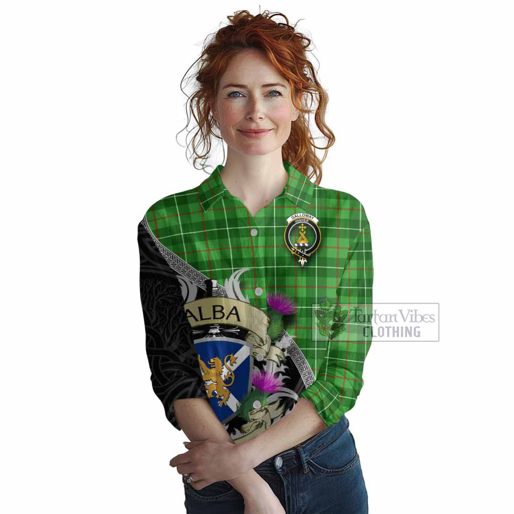 Tartan Vibes Clothing Galloway Tartan Family Crest Women's Casual Shirt Lion Rampant Royal Thistle Shield Celtic Inspired