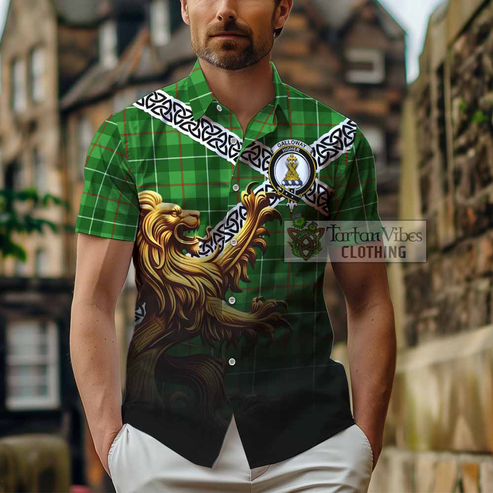 Tartan Vibes Clothing Galloway Crest Tartan Short Sleeve Button Shirt with Golden Lion Emblem Celtic Style