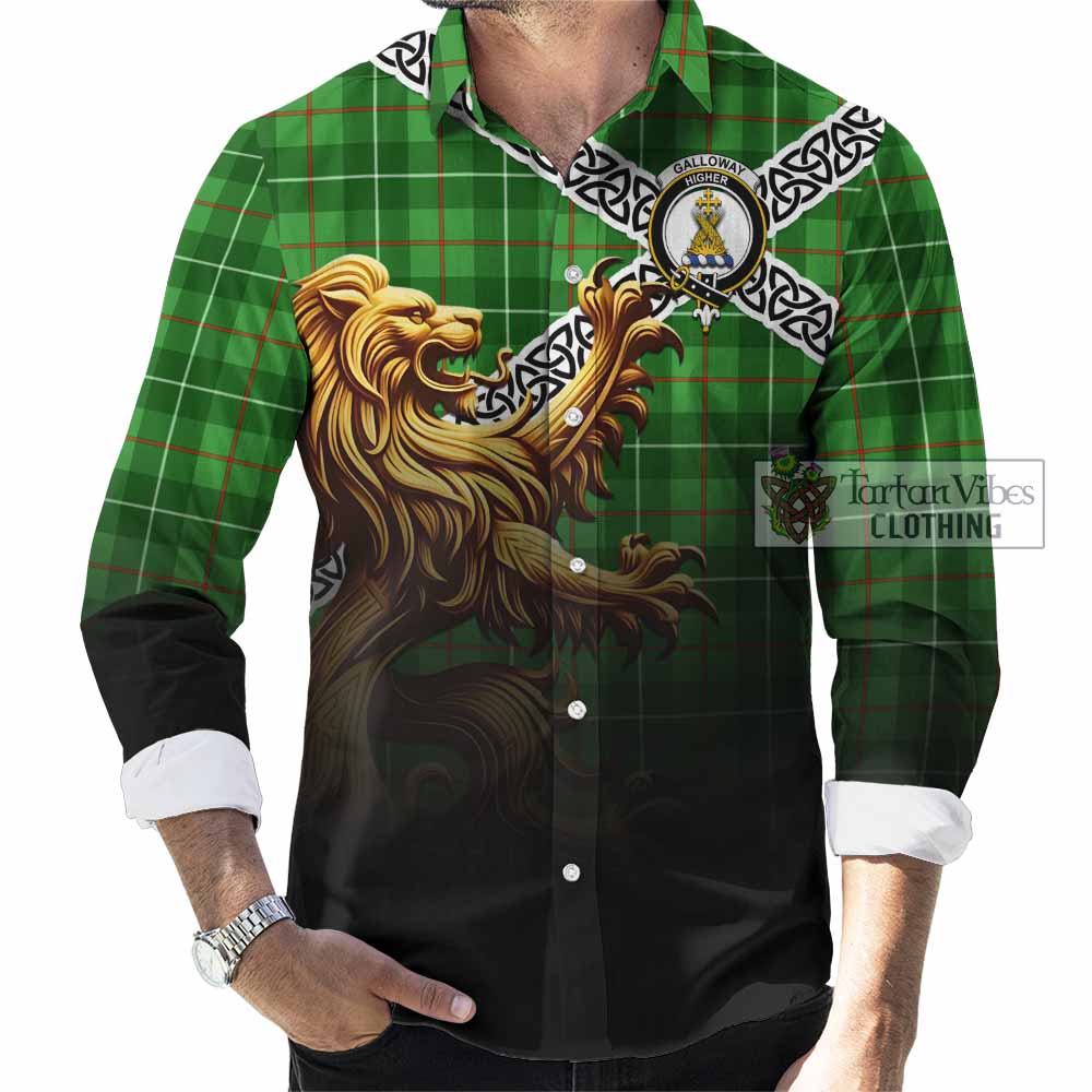 Tartan Vibes Clothing Galloway Crest Tartan Long Sleeve Button Shirt with Golden Lion Emblem Celtic Style