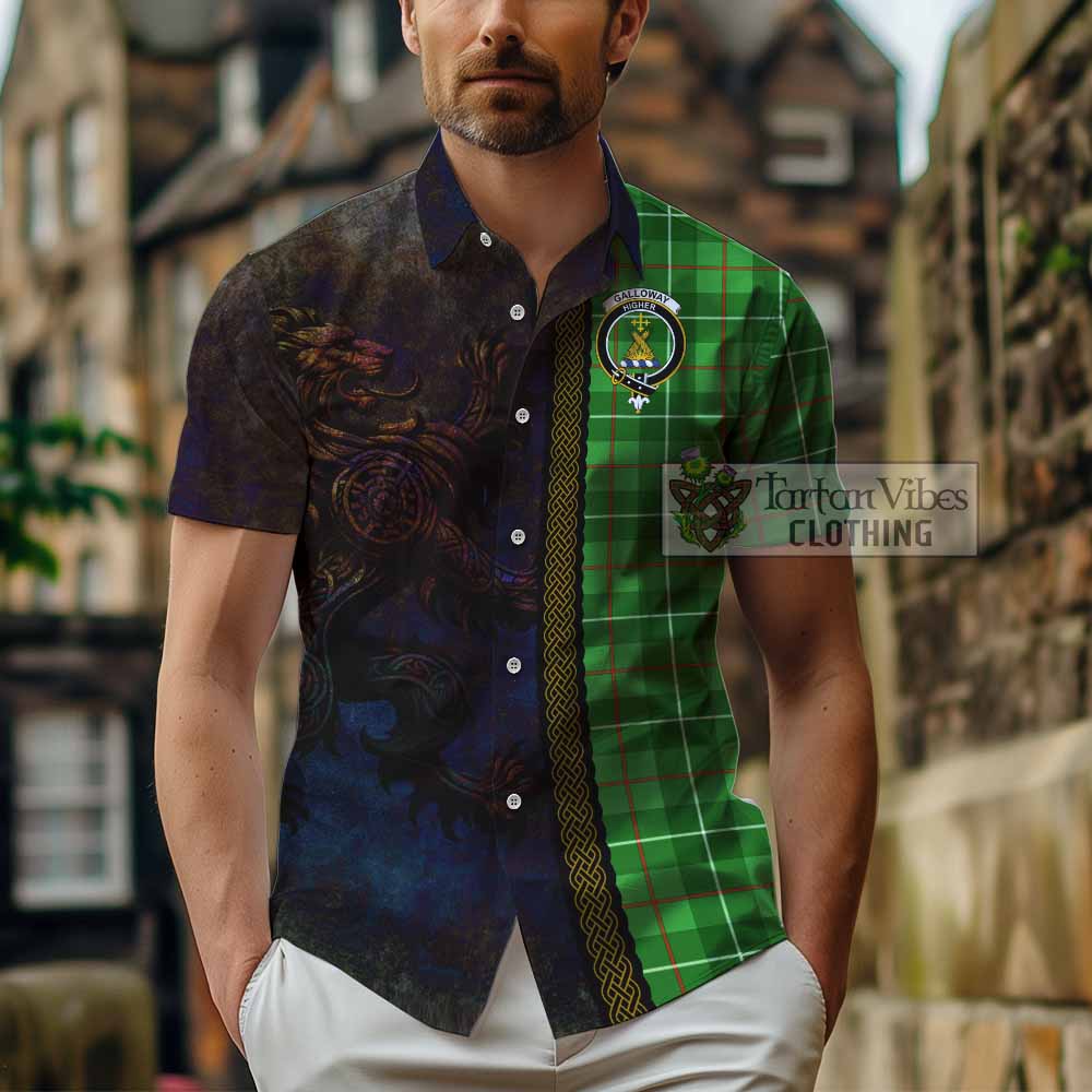 Tartan Vibes Clothing Galloway Tartan Family Crest Short Sleeve Button Shirt Alba Gu Brath Be Brave Lion Ancient Style