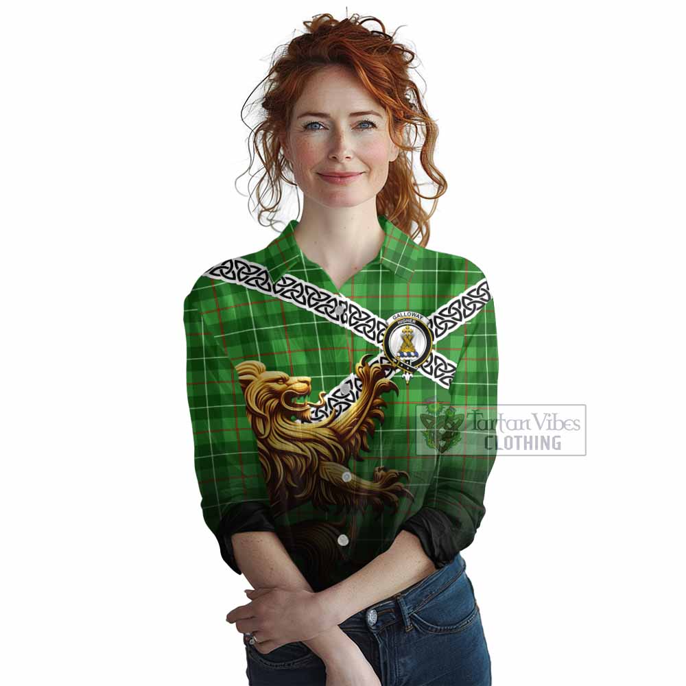 Tartan Vibes Clothing Galloway Crest Tartan Women's Casual Shirt with Golden Lion Emblem Celtic Style