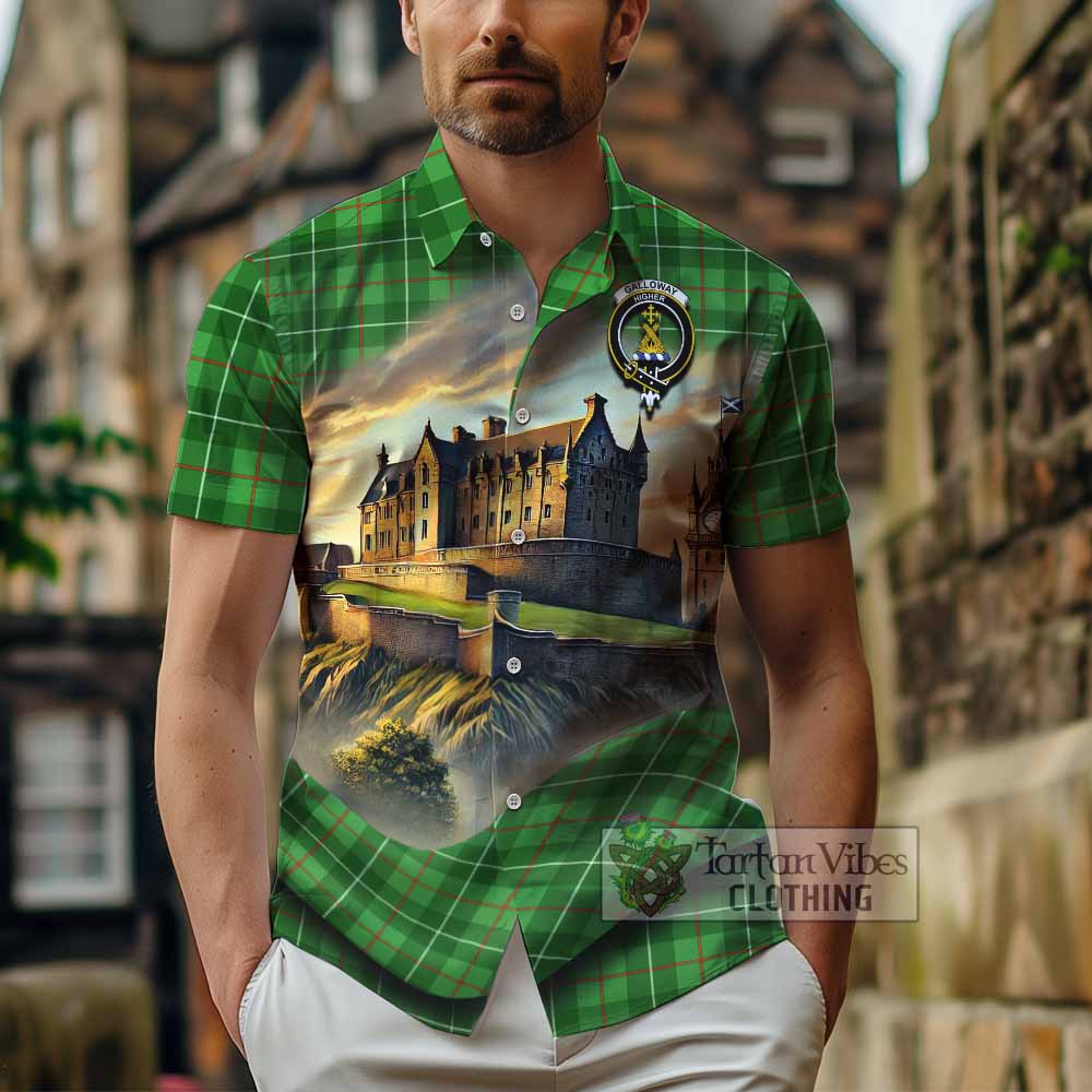 Tartan Vibes Clothing Galloway Tartan Family Crest Short Sleeve Button Shirt with Scottish Ancient Castle Style