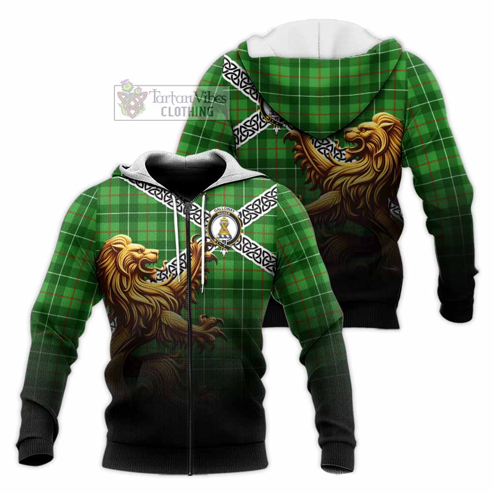 Tartan Vibes Clothing Galloway Crest Tartan Knitted Hoodie with Golden Lion Emblem Celtic Style