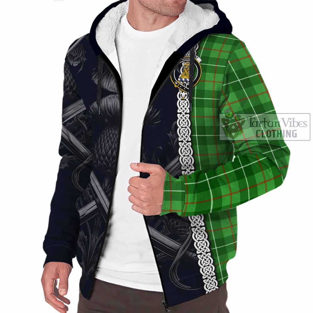 Tartan Vibes Clothing Galloway Tartan Sherpa Hoodie with Family Crest Cross Sword Thistle Celtic Vibes