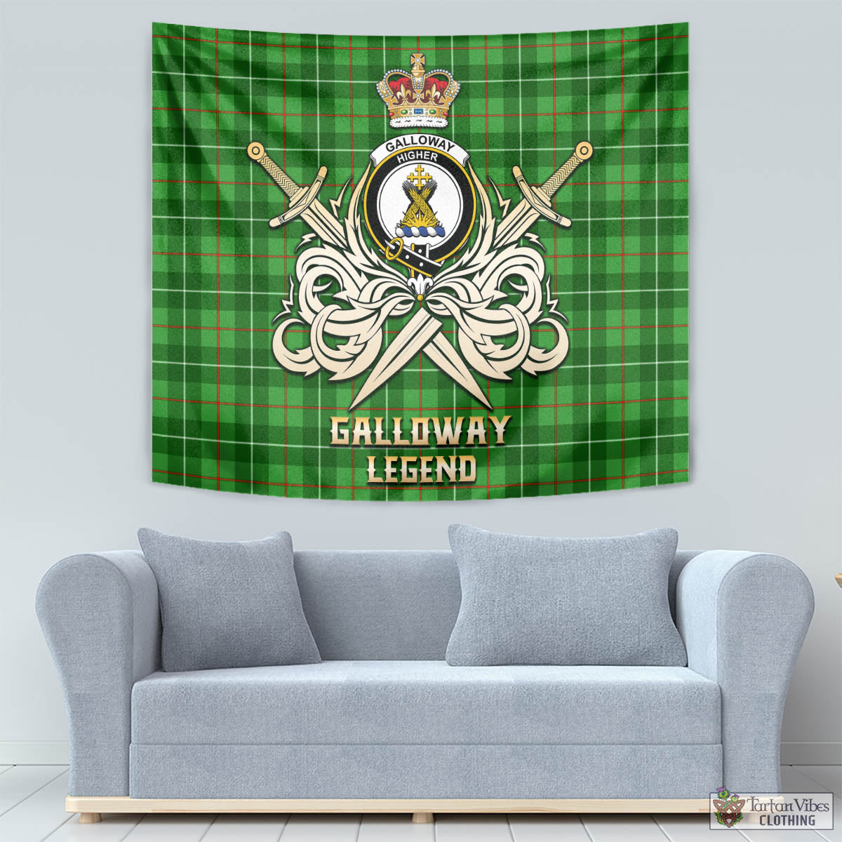 Tartan Vibes Clothing Galloway Tartan Tapestry with Clan Crest and the Golden Sword of Courageous Legacy