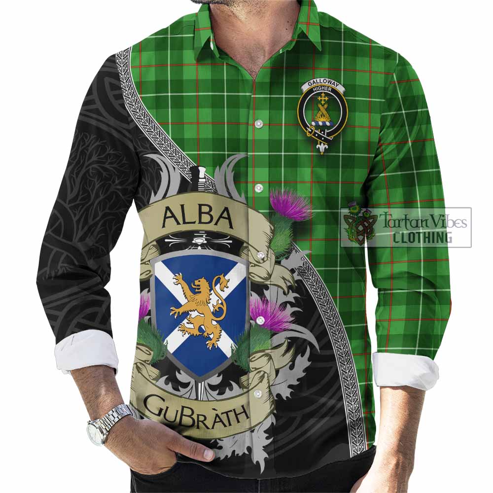Tartan Vibes Clothing Galloway Tartan Family Crest Long Sleeve Button Shirt Lion Rampant Royal Thistle Shield Celtic Inspired