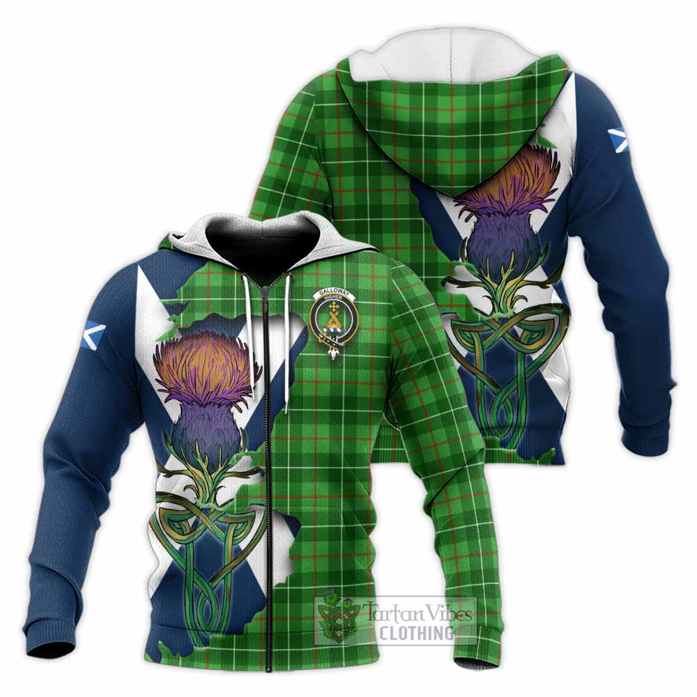 Tartan Vibes Clothing Galloway Tartan Family Crest Knitted Hoodie Scottish Thistle Celtic Inspired