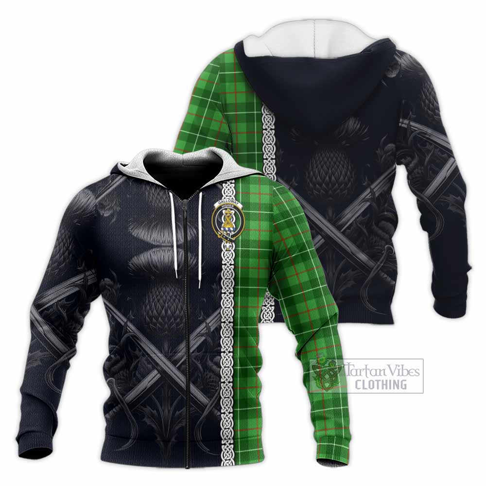 Tartan Vibes Clothing Galloway Tartan Knitted Hoodie with Family Crest Cross Sword Thistle Celtic Vibes