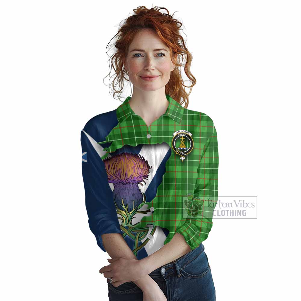 Tartan Vibes Clothing Galloway Tartan Family Crest Women's Casual Shirt Scottish Thistle Celtic Inspired