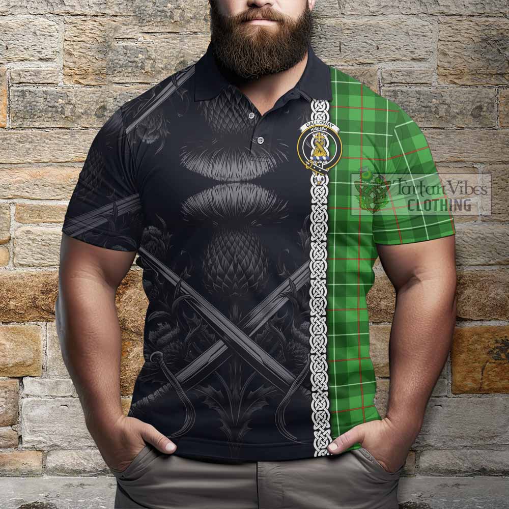 Tartan Vibes Clothing Galloway Tartan Polo Shirt with Family Crest Cross Sword Thistle Celtic Vibes