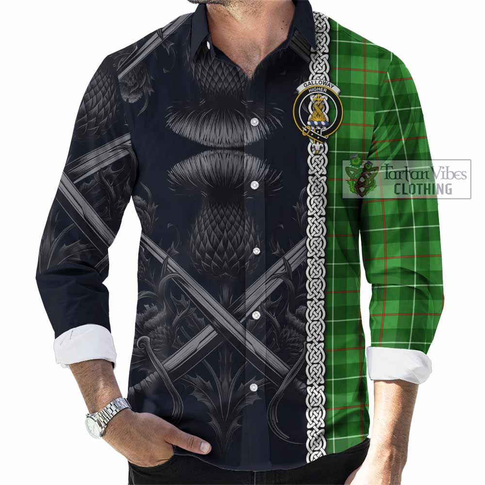 Tartan Vibes Clothing Galloway Tartan Long Sleeve Button Shirt with Family Crest Cross Sword Thistle Celtic Vibes