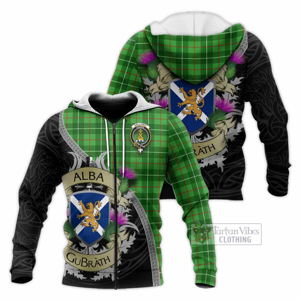 Tartan Vibes Clothing Galloway Tartan Family Crest Knitted Hoodie Lion Rampant Royal Thistle Shield Celtic Inspired