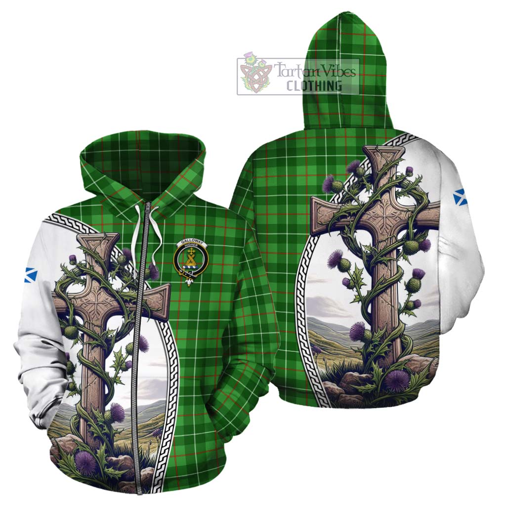 Tartan Vibes Clothing Galloway Tartan Cotton Hoodie with Family Crest and St. Andrew's Cross Accented by Thistle Vines