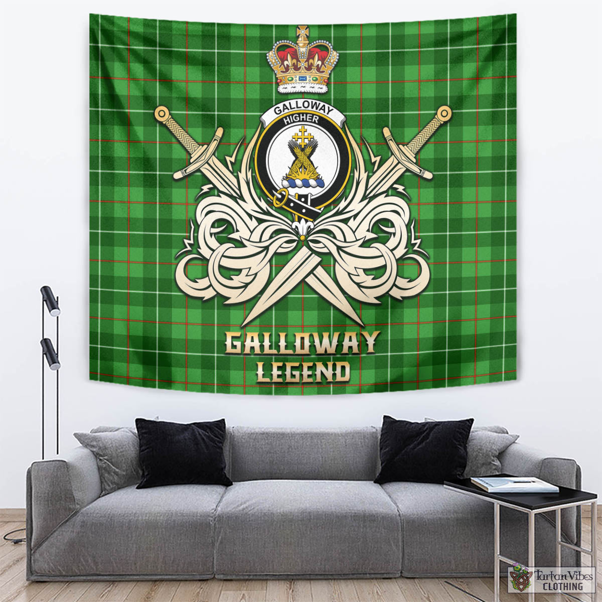 Tartan Vibes Clothing Galloway Tartan Tapestry with Clan Crest and the Golden Sword of Courageous Legacy
