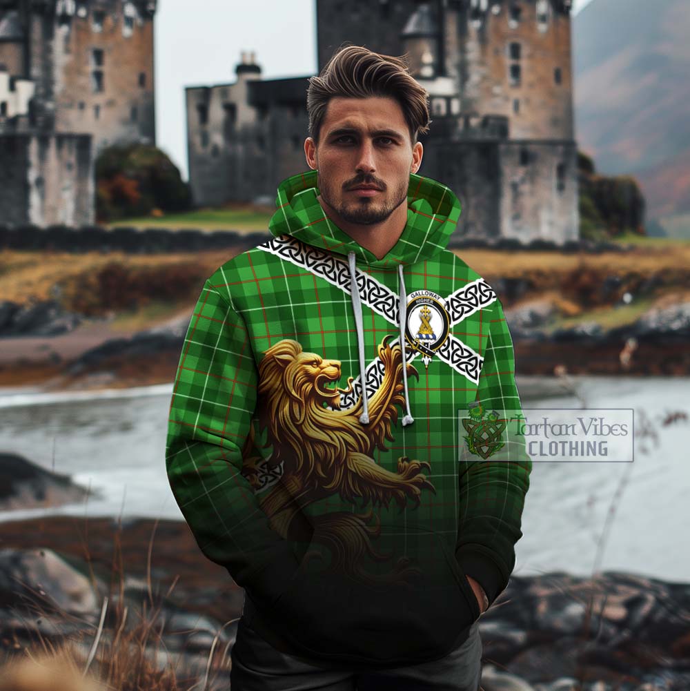 Tartan Vibes Clothing Galloway Crest Tartan Cotton Hoodie with Golden Lion Emblem Celtic Style