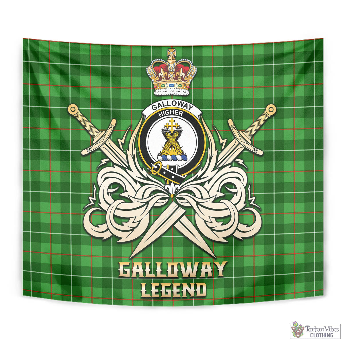 Tartan Vibes Clothing Galloway Tartan Tapestry with Clan Crest and the Golden Sword of Courageous Legacy