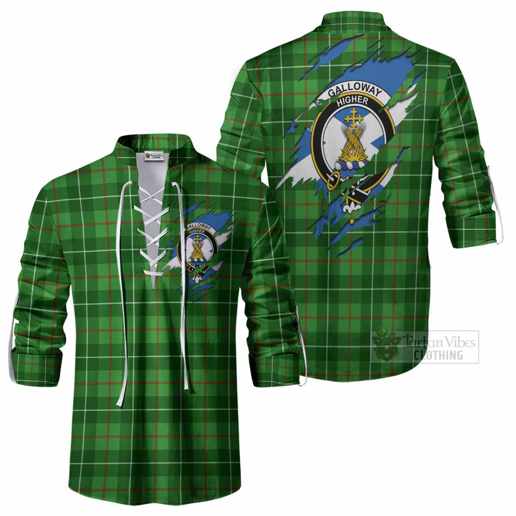 Galloway Clan Crest In Me Tartan Ghillie Shirt Scotland Flag Style