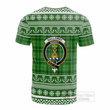 Galloway Clan Tartan Christmas Cotton T-shirt with Family Crest