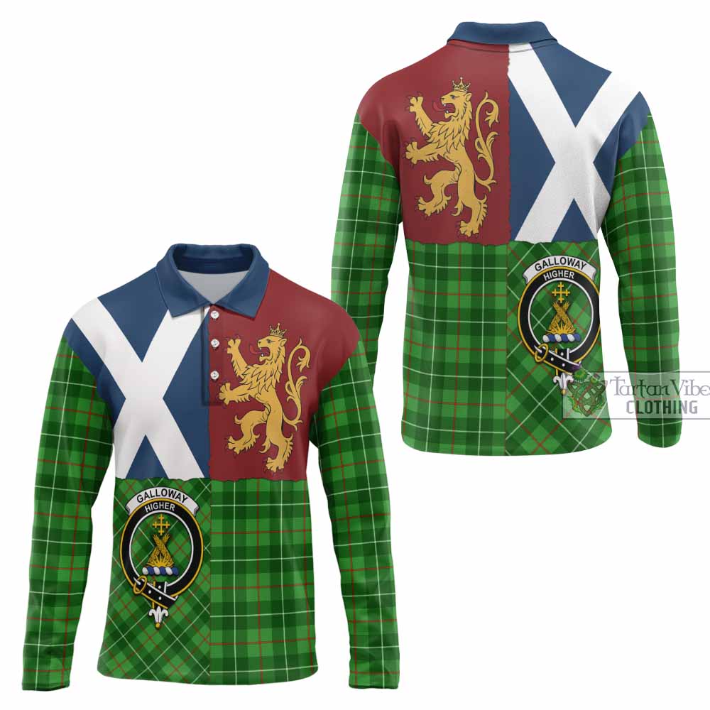 Galloway Crest Tartan Long Sleeve Polo Shirt with Lion Rampant Saltire Style