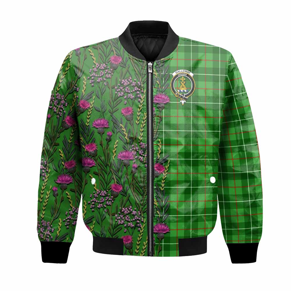 Galloway Family Crest Tartan Bomber Jacket Scottish Thistle Flower Pattern Half Style - Tartan Vibes Clothing