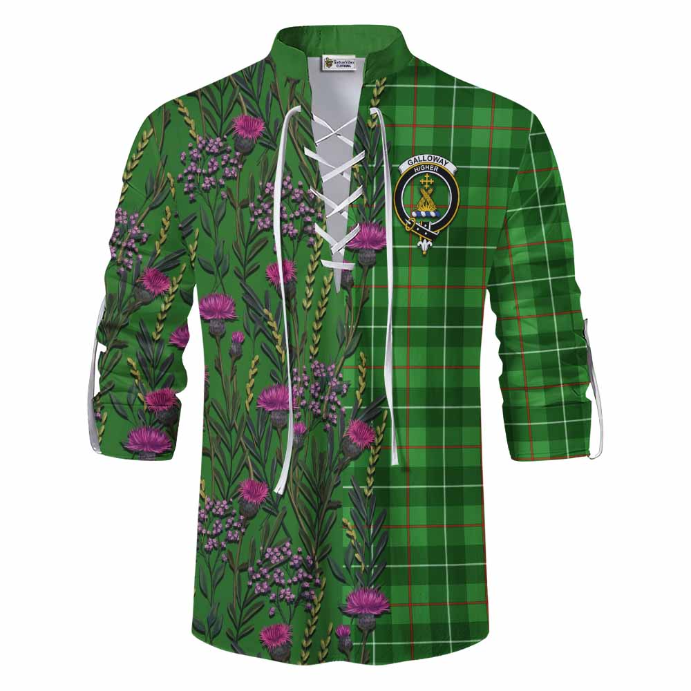 Galloway Family Crest Tartan Ghillie Shirt Scottish Thistle Flower Pattern Half Style - Tartan Vibes Clothing