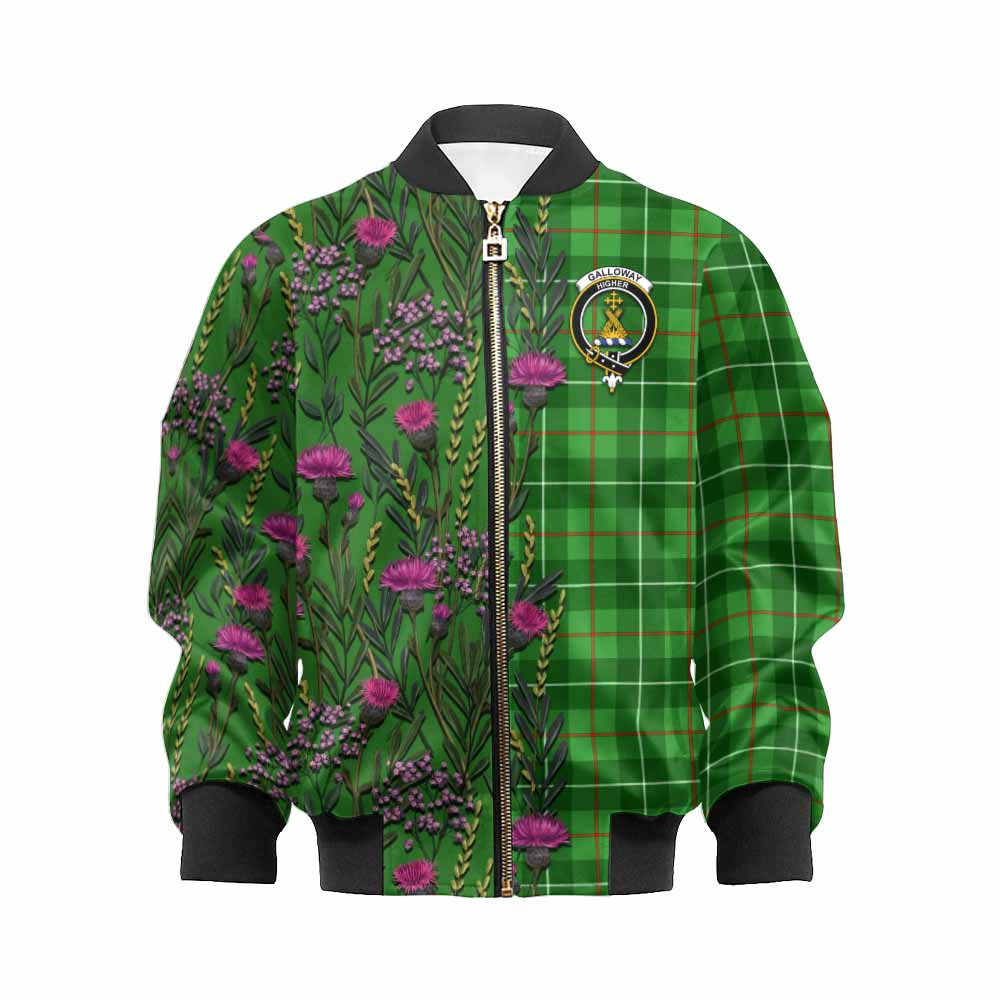 Galloway Family Crest Tartan Kid Bomber Jacket Scottish Thistle Flower Pattern Half Style - Tartan Vibes Clothing