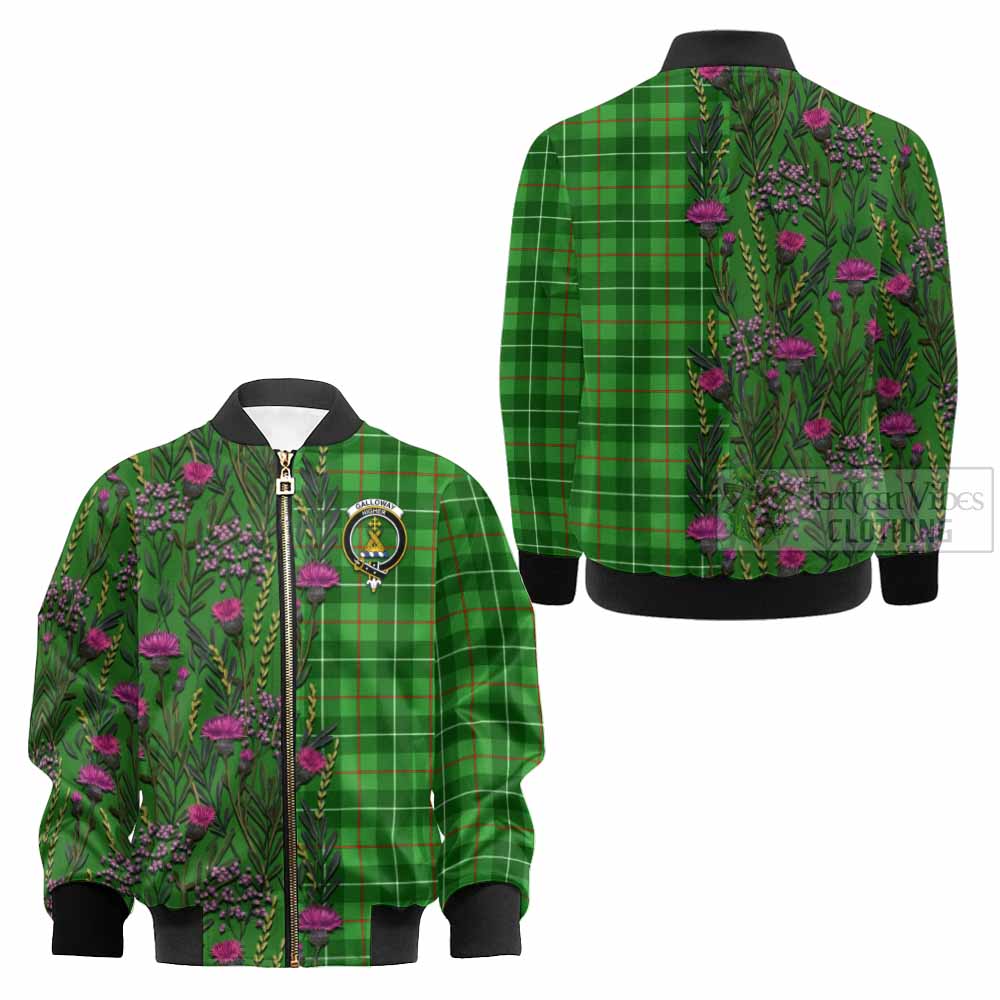 Galloway Family Crest Tartan Kid Bomber Jacket Scottish Thistle Flower Pattern Half Style - Tartan Vibes Clothing