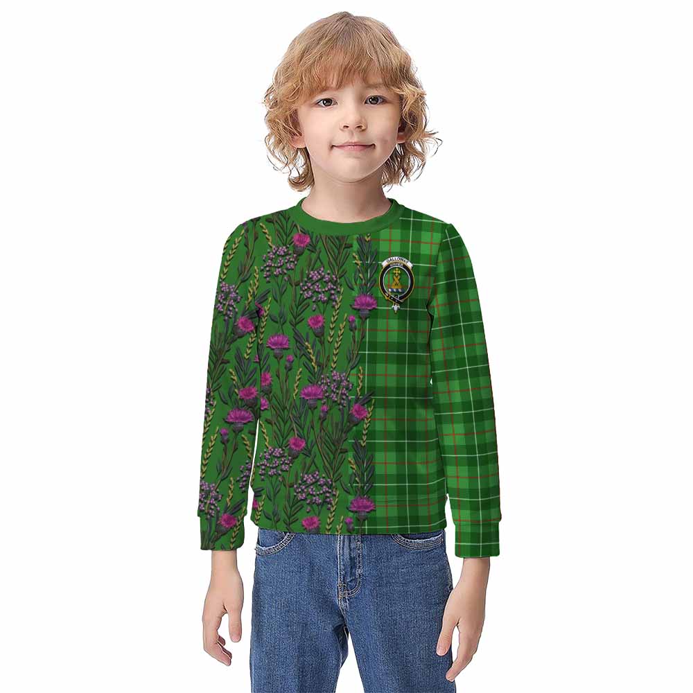 Galloway Family Crest Tartan Kid Knitted Sweatshirt Scottish Thistle Flower Pattern Half Style - Tartan Vibes Clothing