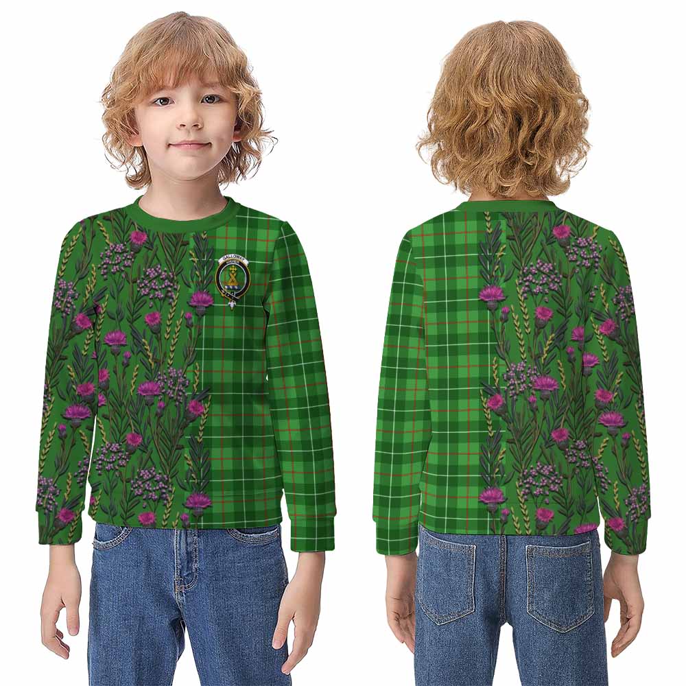 Galloway Family Crest Tartan Kid Knitted Sweatshirt Scottish Thistle Flower Pattern Half Style - Tartan Vibes Clothing