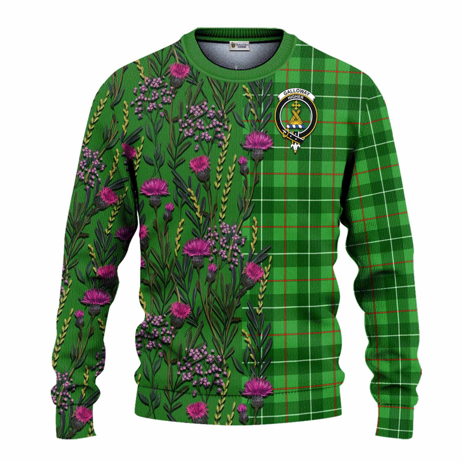 Galloway Family Crest Tartan Knitted Sweater Scottish Thistle Flower Pattern Half Style - Tartan Vibes Clothing
